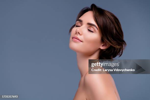 photo of pretty aesthetic lady have spa salon procedure enjoy soft fresh therapy over grey background - lady grey background bildbanksfoton och bilder