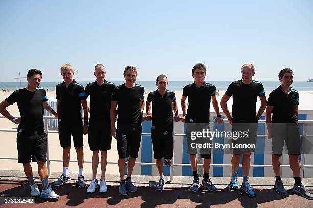Procycling riders Peter Kennaugh, Kanstanstin Siutsou, race leader Chris Froome, Edvald Boasson-Hagen, Richie Porte, Gerinat Thomas, Ian Stannard and...