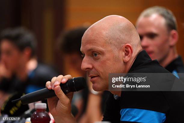 Procycling General Manager Sir Dave Brailsford talks to the press at their team press conference at the Hermitage Hotel during the first rest day of...