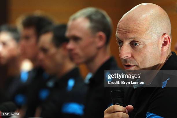 Procycling General Manager Sir Dave Brailsford talks to the press at their team press conference at the Hermitage Hotel during the first rest day of...