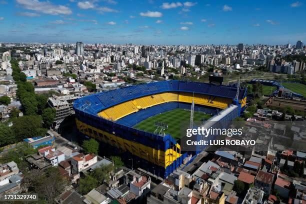 Aerial view of Boca Juniors' football club La Bombonera stadium in Buenos Aires, taken on October 18, 2023. The Alberto J. Armando Stadium, known as...