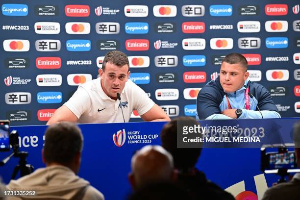Argentina's wing Emiliano Boffelli and Argentina's prop Thomas Gallo attend a press conference at the Roland Garros stadium, in Boulogne Billancourt,...