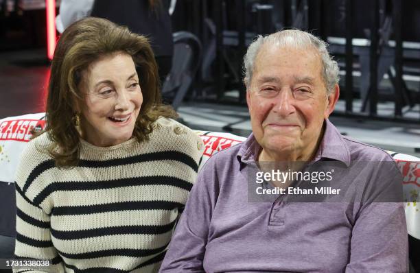 Lovee Duboef and her husband, Top Rank Founder and CEO Bob Arum, pose before Game Two of the 2023 WNBA Playoffs finals between the New York Liberty...