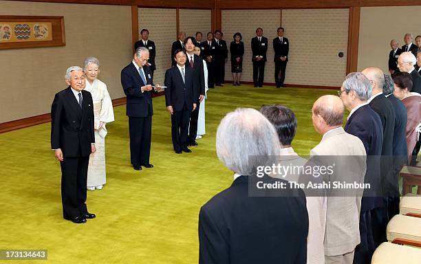 Emperor Akihito , Empress Michiko , Crown Prince Naruhito , Prince Akishino and Princess Kiko of Akishino attend a tea ceremony with the Japan Art...