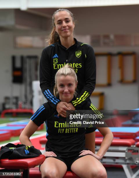 Leah Williamson and Lia Walti of Arsenal during the Arsenal Women's training session at London Colney on October 11, 2023 in St Albans, England.