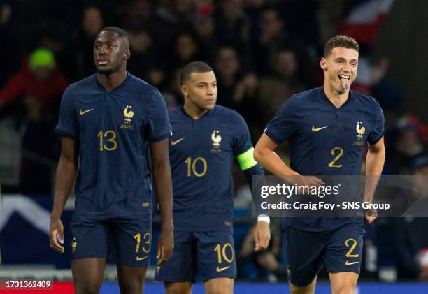 Benjamin Pavard celebrates during an international friendly match between France and Scotland at Stade Pierre Mauroy, on October 17 in Lille, France.