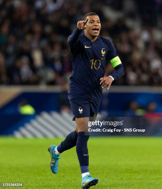 Kylian Mbappe in action for France during an international friendly match between France and Scotland at Stade Pierre Mauroy, on October 17 in Lille,...