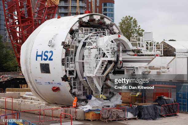 Part of a Tunnel Boring Machine, sits on site as a cutterhead used in the construction of HS2 is moved into place before being lowered into the...