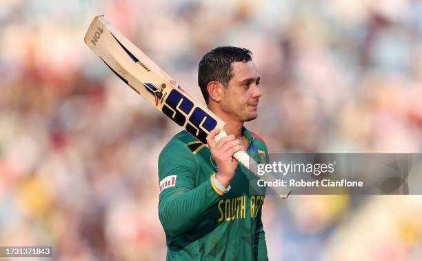 Quinton de Kock of South Africa makes their way off after being dismissed for 109 during the ICC Men's Cricket World Cup India 2023 between Australia...