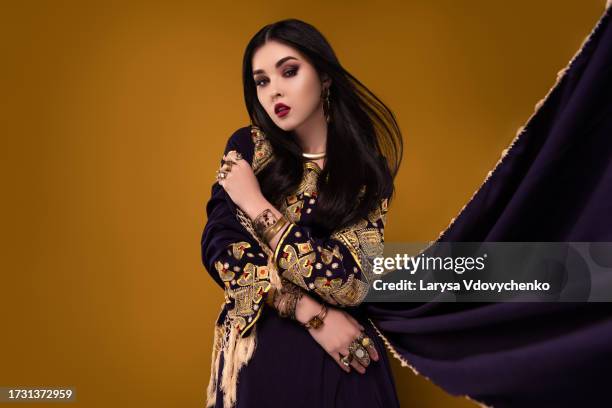 photo of stunning rich wealthy lady sheikh wife elegant scheherazade cuddle fluttering veil over pastel background - scheherazade stock pictures, royalty-free photos & images