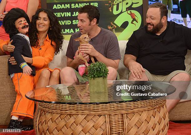 Lapicito, Salma Hayek ,Adam Sandler and Kevin James of "Grown Ups 2" cast appears on Univisions "Despierta America" to promote the movie at Univision...