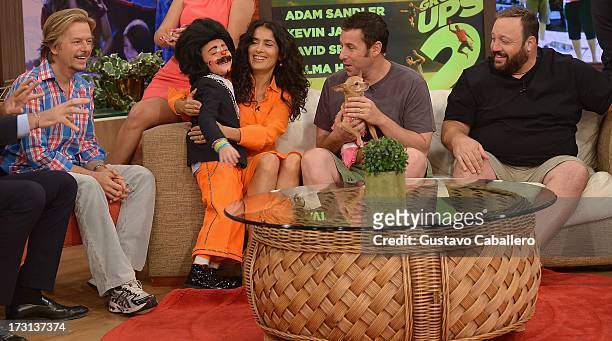 David Spade,Lapicito, Salma Hayek ,Adam Sandler and Kevin James of "Grown Ups 2" cast appears on Univisions "Despierta America" to promote the movie...
