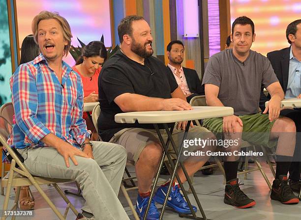 David Spade, Kevin James and Adam Sandler of "Grown Ups 2" cast appears on Univisions "Despierta America" to promote the movie at Univision...