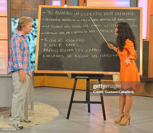 David Spade and Salma Hayek of "Grown Ups 2" cast appears on Univisions "Despierta America" to promote the movie at Univision Headquarters on July 8,...