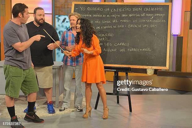 Kevin James,David Spade,Salma Hayek and Adam Sandler of "Grown Ups 2" cast appears on Univisions "Despierta America" to promote the movie at...