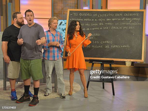 Kevin James,David Spade,Salma Hayek and Adam Sandler of "Grown Ups 2" cast appears on Univisions "Despierta America" to promote the movie at...