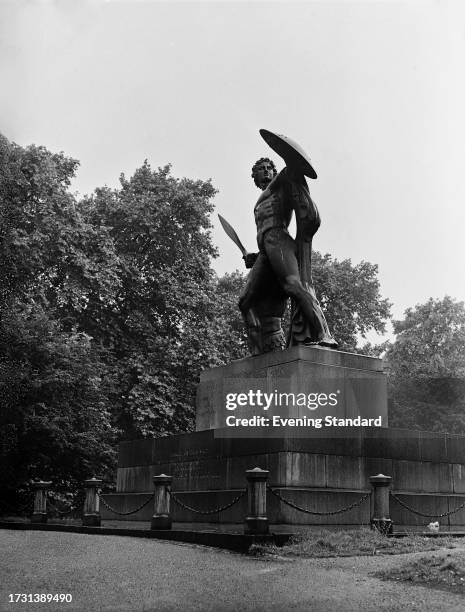 The Wellington Monument featuring Achilles holding a short sword and shield at Hyde Park, London, circa 1950.