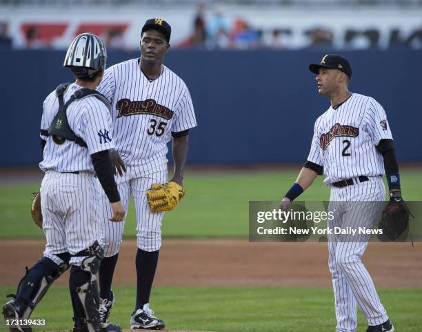 Pitcher Michael Pineda sweats out rough start to rehab outing before settling in as fellow Yankee Derek Jeter looks to pitch. Jeter on the field, 2nd...