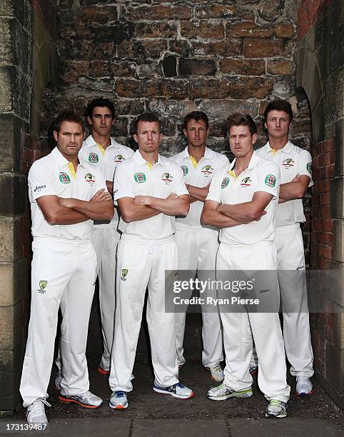 Ryan Harris, Mitchell Starc, Peter Siddle, James Pattinson, James Faulkner and Jackson Bird of Australia pose during an Australian Fast Bowlers...