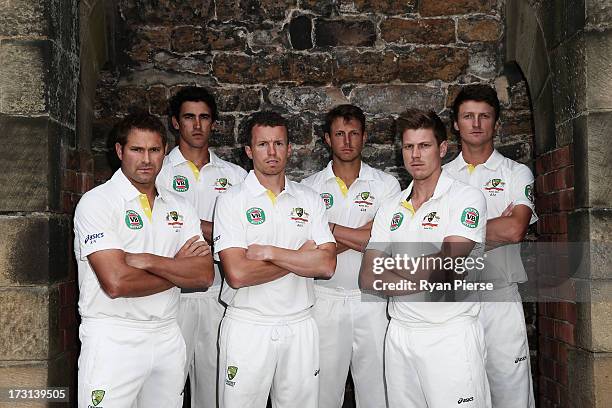 Ryan Harris, Mitchell Starc, Peter Siddle, James Pattinson, James Faulkner and Jackson Bird of Australia pose during an Australian Fast Bowlers...