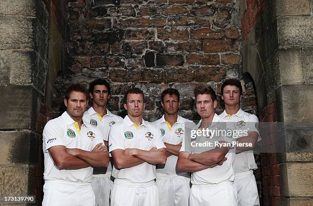 Ryan Harris, Mitchell Starc, Peter Siddle, James Pattinson, James Faulkner and Jackson Bird of Australia pose during an Australian Fast Bowlers...