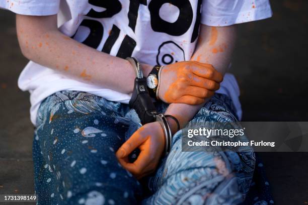 Just Stop Oil protestor Lucy Hammil is handcuffed by police after spraying orange paint over the Allen Gilbert Building at Manchester University on...