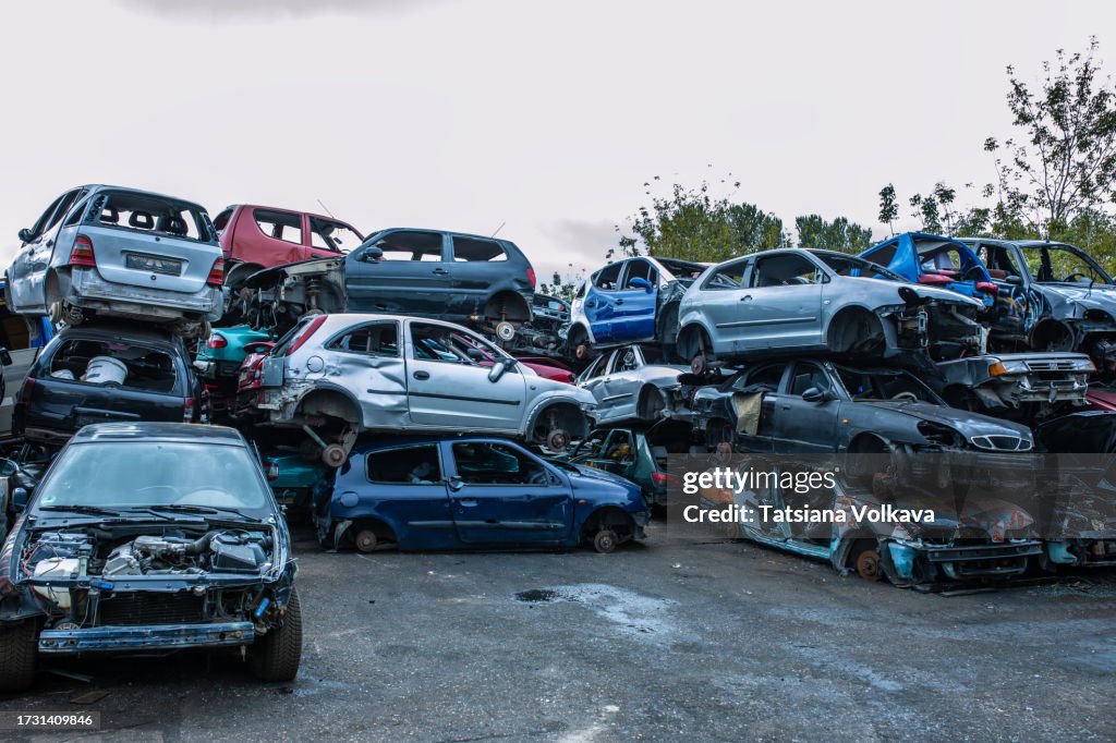 Stacks of car bodies without wheels and windshields stand abandoned under open sky in landfill