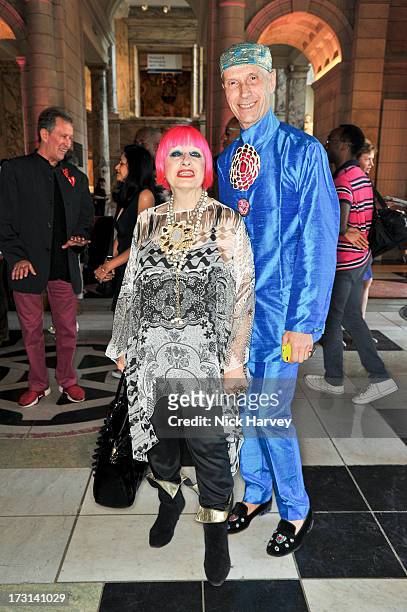 Zandra Rhodes and Andrew Logan attend the Club To Catwalk: London Fashion In The 1980's exhibition at Victoria & Albert Museum on July 8, 2013 in...