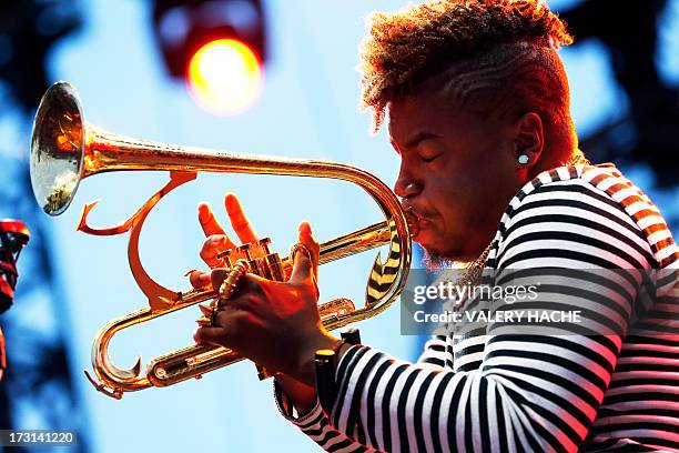 Musician Christian Scott performs on the stage of the Nice Jazz Festival on July 8, 2013 in Nice, southeastern France. AFP PHOTO / VALERY HACHE