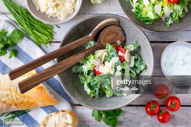 green salad with tomatoes, bread and parmesan cheese - slasaus stockfoto's en -beelden