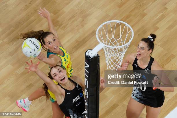 Cara Koenen of Australia and Kelly Jury of New Zealand contest the ball during game one of the 2023 Constellation Cup series between Australia...