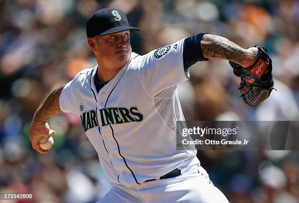 Starting pitcher Jeremy Bonderman of the Seattle Mariners pitches against the Chicago Cubs at Safeco Field on June 30, 2013 in Seattle, Washington.