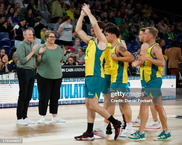 Australian Kelpies head coach Nerida Steward smiles as her players celebrate winning game one of the 2023 Men's International Series between the...