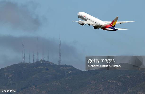 An Asiana Airlines flight enroute to Korea, a Boeing 777, takes off from San Francisco International Airport on July 8, 2013 in San Francisco,...