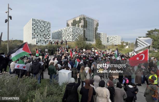People carrying Palestinian flags and banners gather in front of International Criminal Court , calling for an investigation for attacks on Gaza, on...