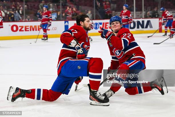 Montreal Canadiens right wing Josh Anderson has fun with Montreal Canadiens right wing Cole Caufield on the ice at warm-up before the Minnesota Wild...