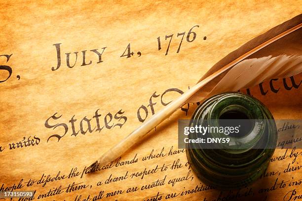 quill and inkwell on top of declaration of independence - the american revolution stock pictures, royalty-free photos & images