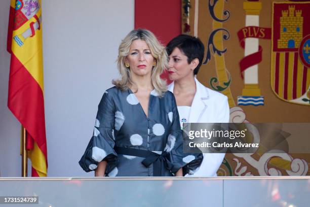 Minister of Labour and Social Economy Yolanda Diaz and Minister of Territorial Policy Isabel Rodriguez attend the National Day Military Parade on...