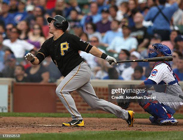 Brandon Inge of the Pittsburgh Pirates bats against the Chicago Cubs at Wrigley Field on July 6, 2013 in Chicago, Illinois. The Cubs defeated the...