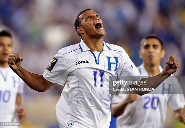 Rony Martinez of Honduras celebrates his first half goal against Haiti during the 2013 CONCACAF Gold Cup match July 8, 2013 at Red Bull Stadium in...