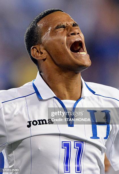 Rony Martinez of Honduras celebrates his first half goal against Haiti during the 2013 CONCACAF Gold Cup match July 8, 2013 at Red Bull Stadium in...