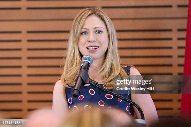 Chelsea Clinton speaks at the Oscar de la Renta: American Icon reception at the William J. Clinton Presidential Center on July 08, 2013 in Little...