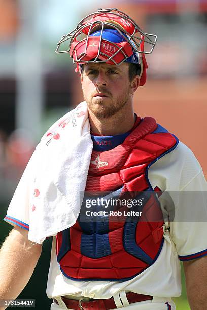 Erik Kratz of the Philadelphia Phillies walks in from the bullpen before the game against the Milwaukee Brewers at Citizens Bank Park on June 1, 2013...