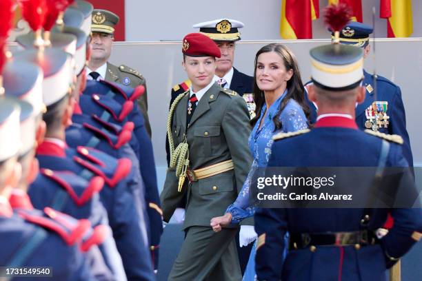 Crown Princess Leonor of Spain and Queen Letizia of Spain attend the National Day Military Parade on October 12, 2023 in Madrid, Spain.