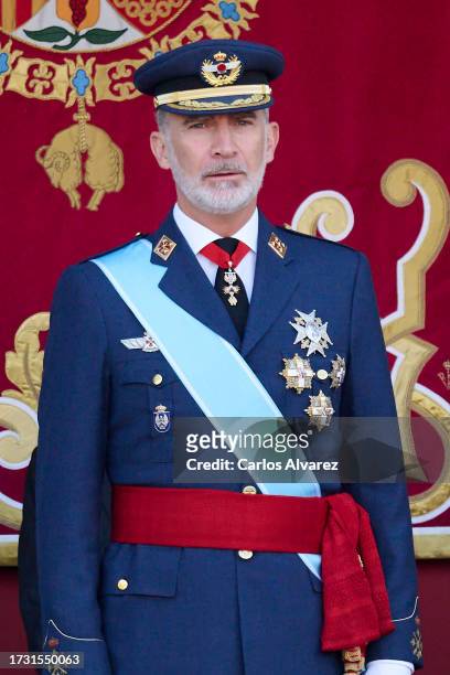 King Felipe VI of Spain attends the National Day Military Parade on October 12, 2023 in Madrid, Spain.