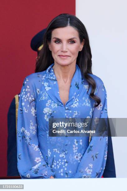 Queen Letizia of Spain attends the National Day Military Parade on October 12, 2023 in Madrid, Spain.