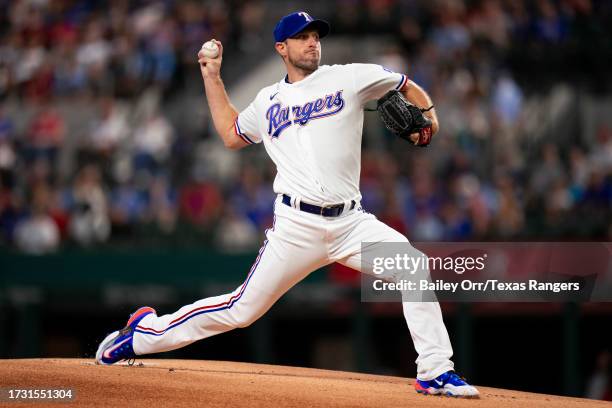 Max Scherzer of the Texas Rangers delivers a pitch during a game against the Chicago White Sox at Globe Life Field on August 03, 2023 in Arlington,...