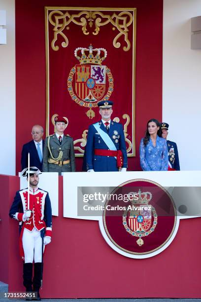 Crown Princess Leonor of Spain, King Felipe VI of Spain and Queen Letizia of Spain attend the National Day Military Parade on October 12, 2023 in...