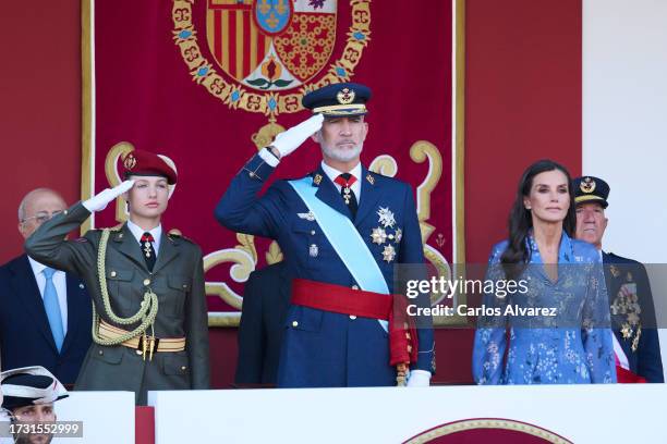 Crown Princess Leonor of Spain, King Felipe VI of Spain and Queen Letizia of Spain attend the National Day Military Parade on October 12, 2023 in...