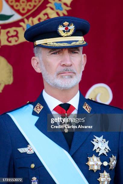 King Felipe VI of Spain attends the National Day Military Parade on October 12, 2023 in Madrid, Spain.